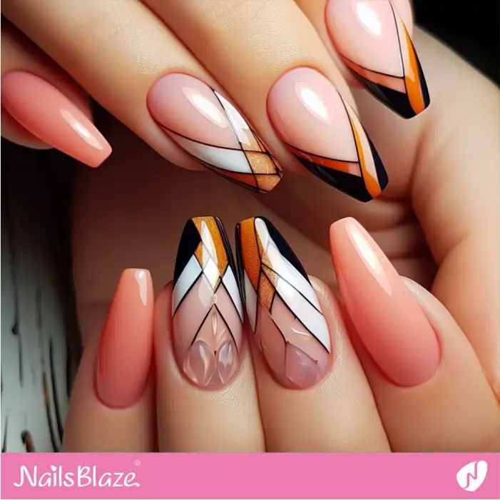 Glossy Peach Fuzz Nails with Geometric French Design | Color of the Year 2024 - NB1911